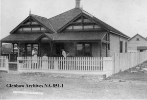 Glenbow Museum Image No: NA-851-1 Date: [ca. 1885-1894] Remarks: Location on corner of 8th Avenue and 5th Street SE. L-R: Edith George; Emma George, holding Charles George; Mrs. George; G. B. George, on horse; Doctor Henry George. 